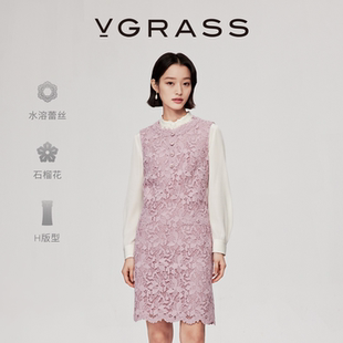VGRASS维格娜丝26春季新款盘绳绣立体层次镂空花卉蕾丝背心连衣裙