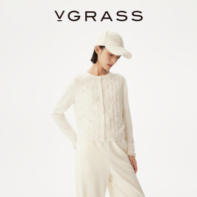 VGRASS绵羊毛混纺绣花针织开衫
