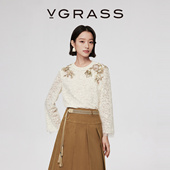 VGRASS26春季 饱满立体股线蕾丝印花叠绣直身宽松廓形小上衣女 新款