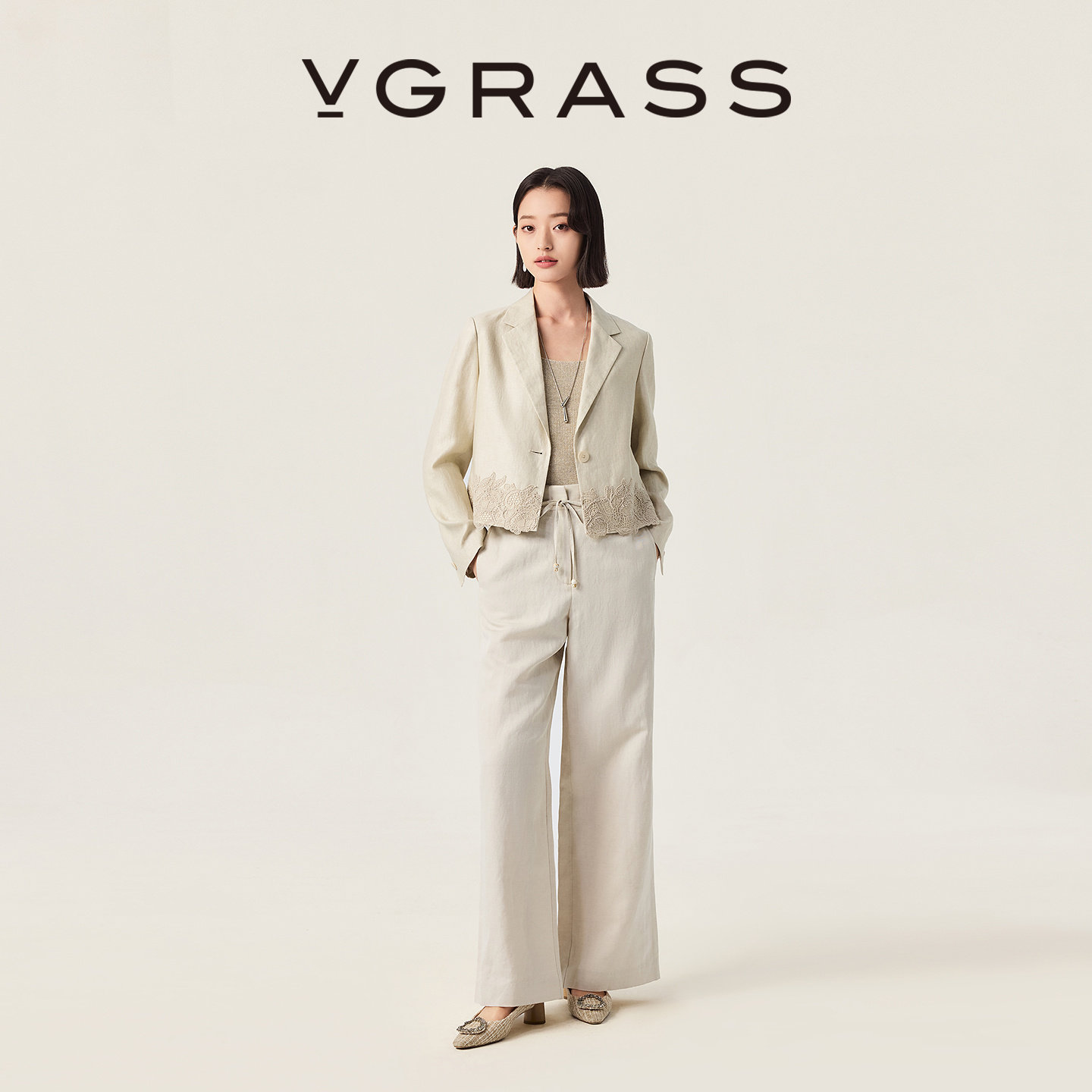 VGRASS维格娜丝26夏季高智度假感原麻色亚麻混纺阔腿休闲裤女
