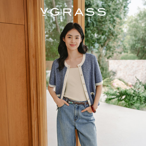 VGRASS夹花混纱撞色圆领针织开衫