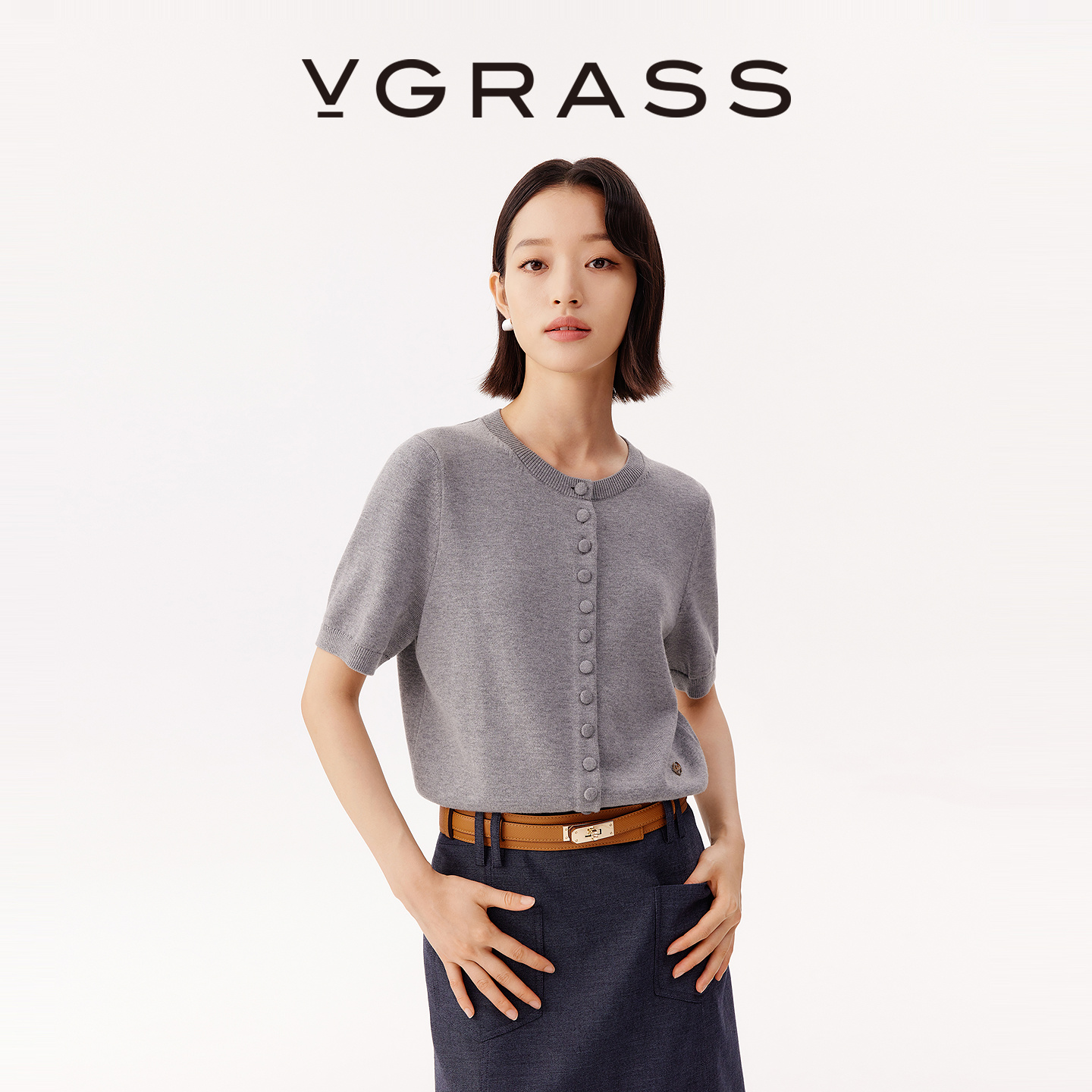 VGRASS棉羊毛混纱短袖针织开衫