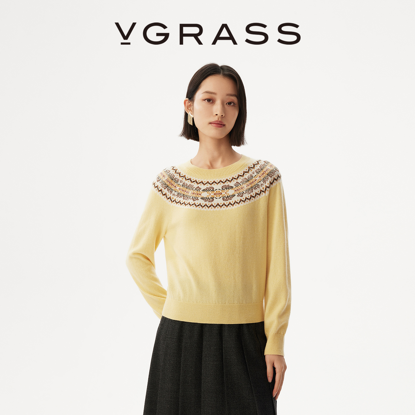 VGRASS尔岛提花羊毛混纺针织衫