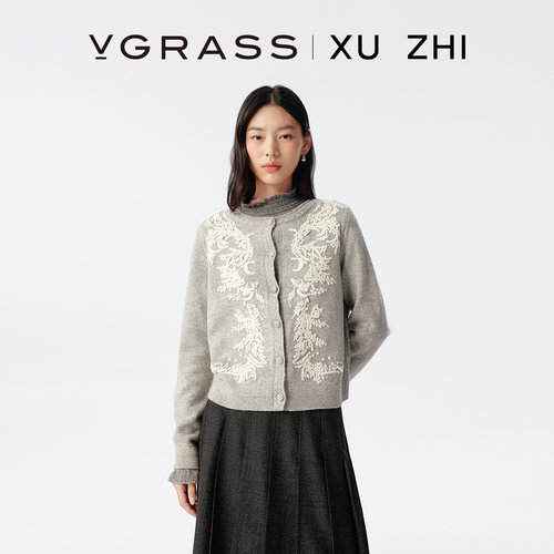 VGRASS绵羊毛混纺手工钉珠开衫