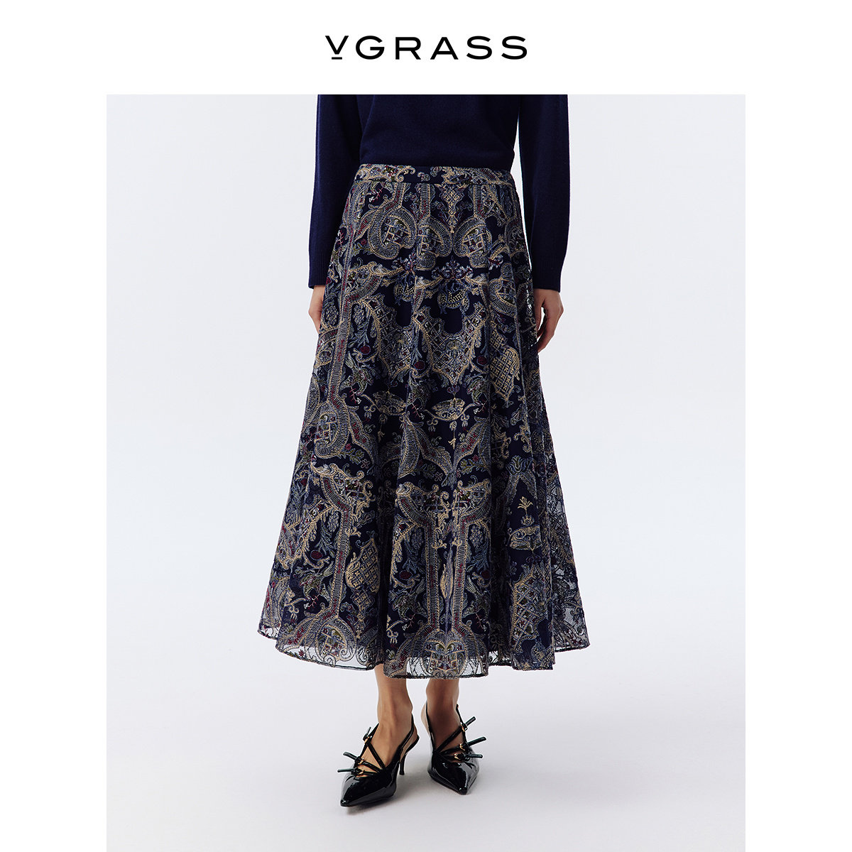 VGRASS刺绣网纱伞裙半裙