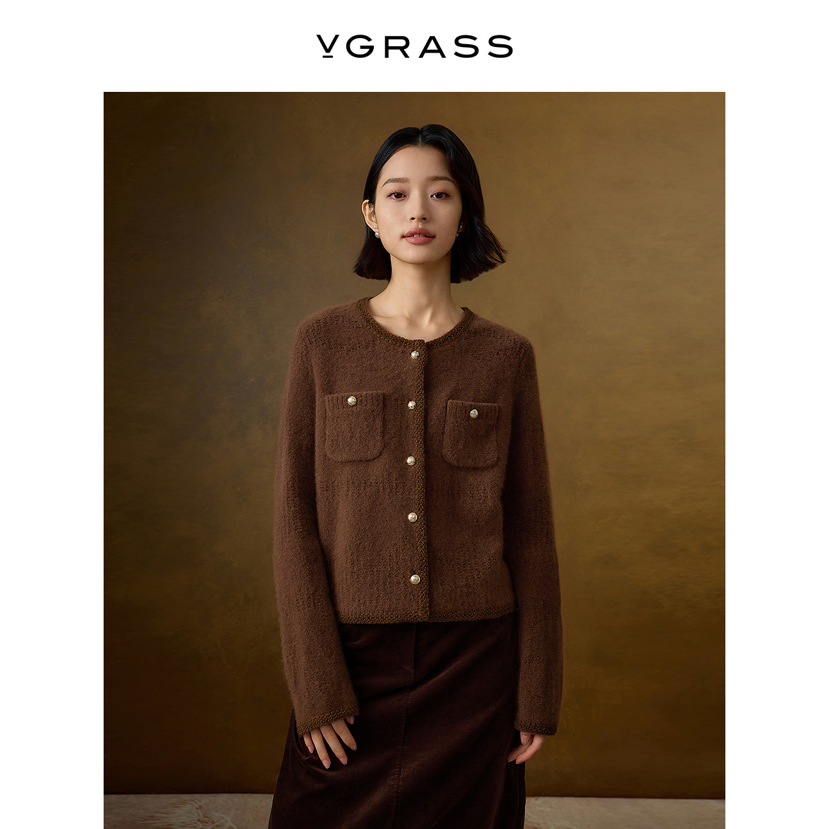 VGRASS绵羊毛圈圈纱短款针织开衫