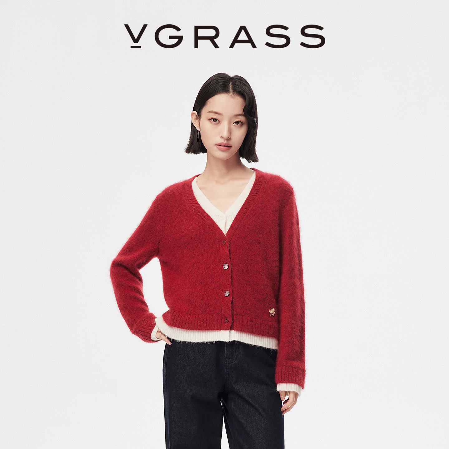 【马上有戏】VGRASS26春新红色山羊绒撞色假两件刺绣针织衫女上衣
