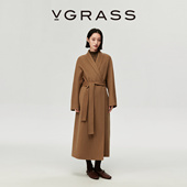 慵懒气质大衣长款 VGRASS25秋冬新款 羊毛混纺双面呢浴袍式 毛呢外套