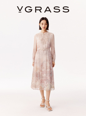 VGRASS25早秋新款定位水溶刺绣12MM乔其经典收腰X版型连衣裙长裙