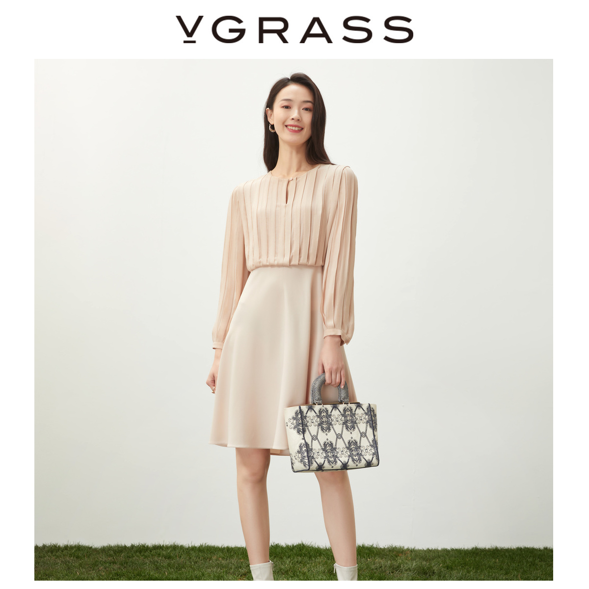 vgrass维格娜丝夏季新款褶裥真丝连衣裙VSL2N21290