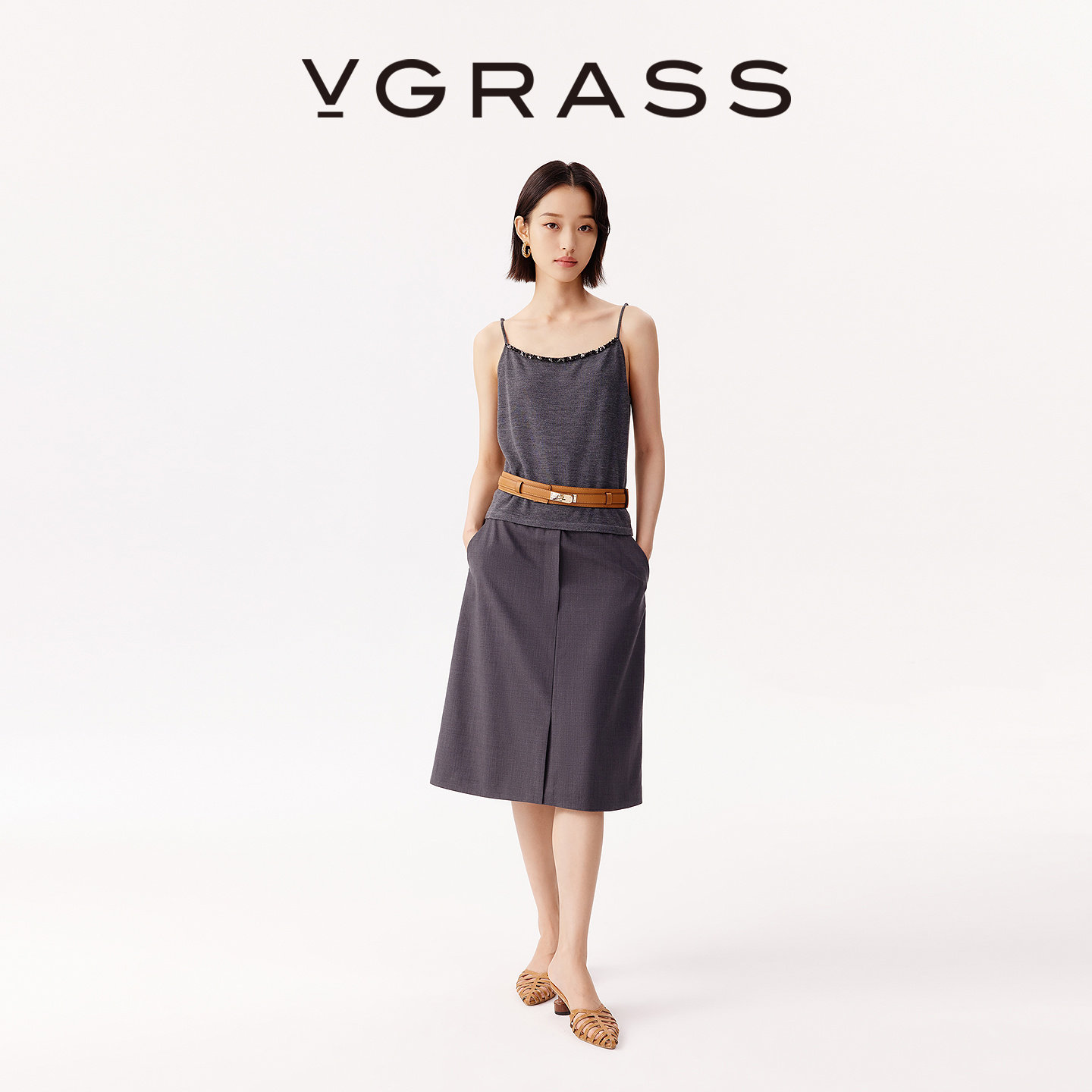 【WISH系列】VGRASS秋冬新款绵羊毛混纺夹花色优雅显瘦A字半裙