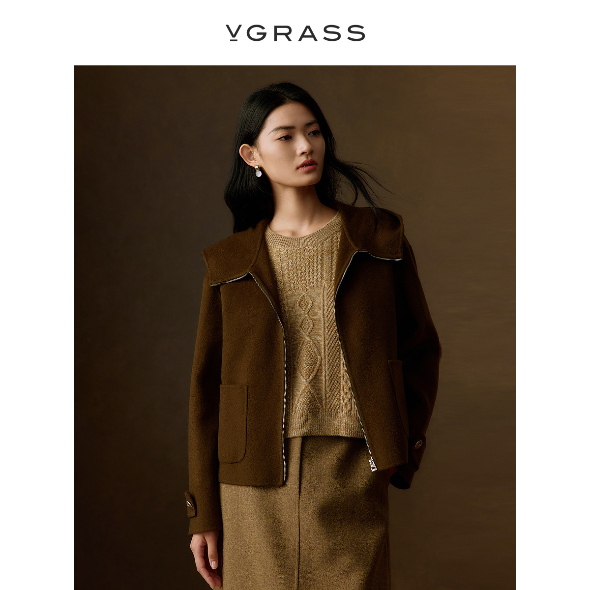 VGRASS美拉德短羊毛大衣