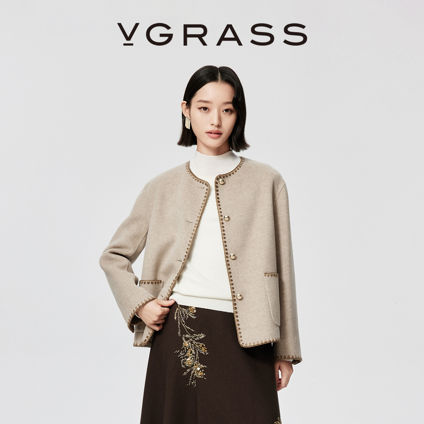 VGRASS羊毛混纺双面呢小香风外套