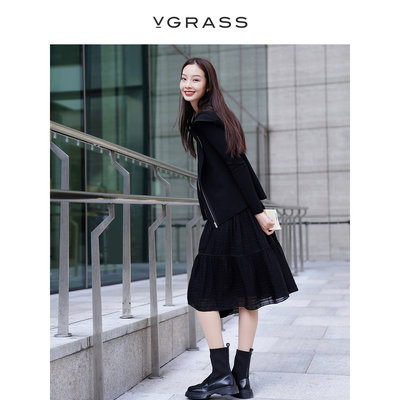 VGRASS黑色篙级感羊毛网纱半身裙