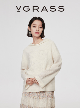 VGRASS26春季新款蕾丝感提花挑孔肌理组合刺绣工艺手钩边连帽针织