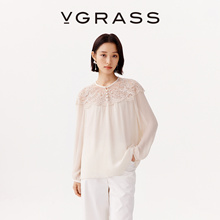 VGRASS25早秋新款水溶蕾丝定位刺绣真丝顺纡圆领宽松衬衫小上衣女