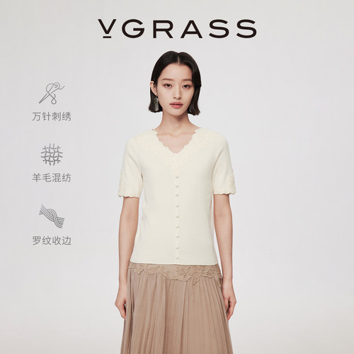 VGRASS镂空蕾丝拼接棉纱针织