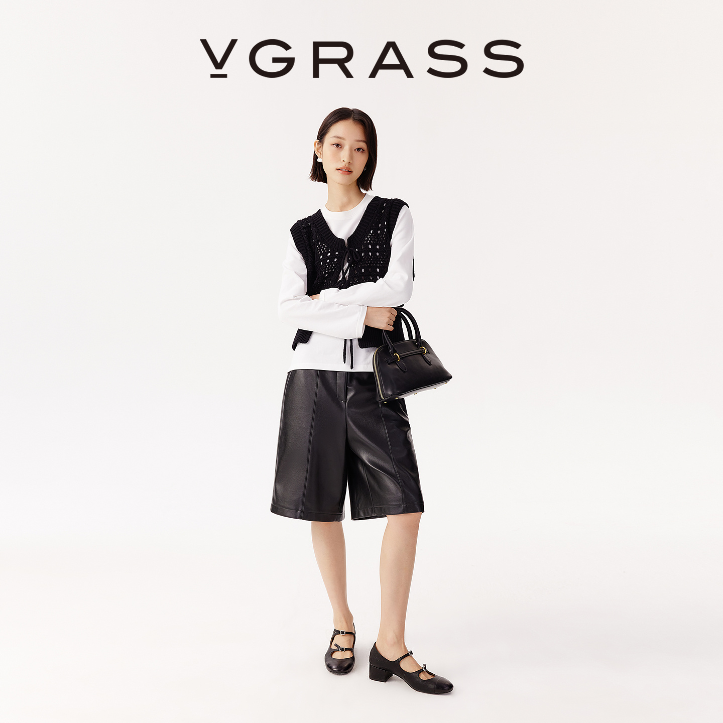 VGRASS仿小羊皮手感PU皮阔腿短裤