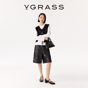 仿小羊皮手感PU皮立体挺缝线显瘦5分阔腿短裤 VGRASS25早秋新款