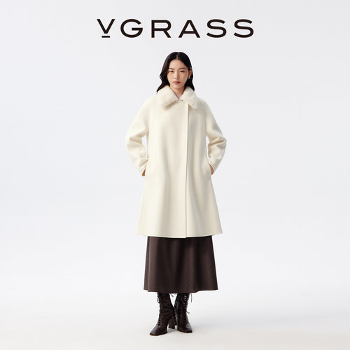VGRASS水貂毛领绵羊毛混纺大衣