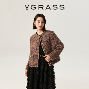 VGRASS维格娜丝26年春季新款编织圈圈呢红色小香风织带镶边外套女