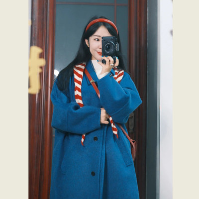 韩系复古蓝色翻领毛呢外