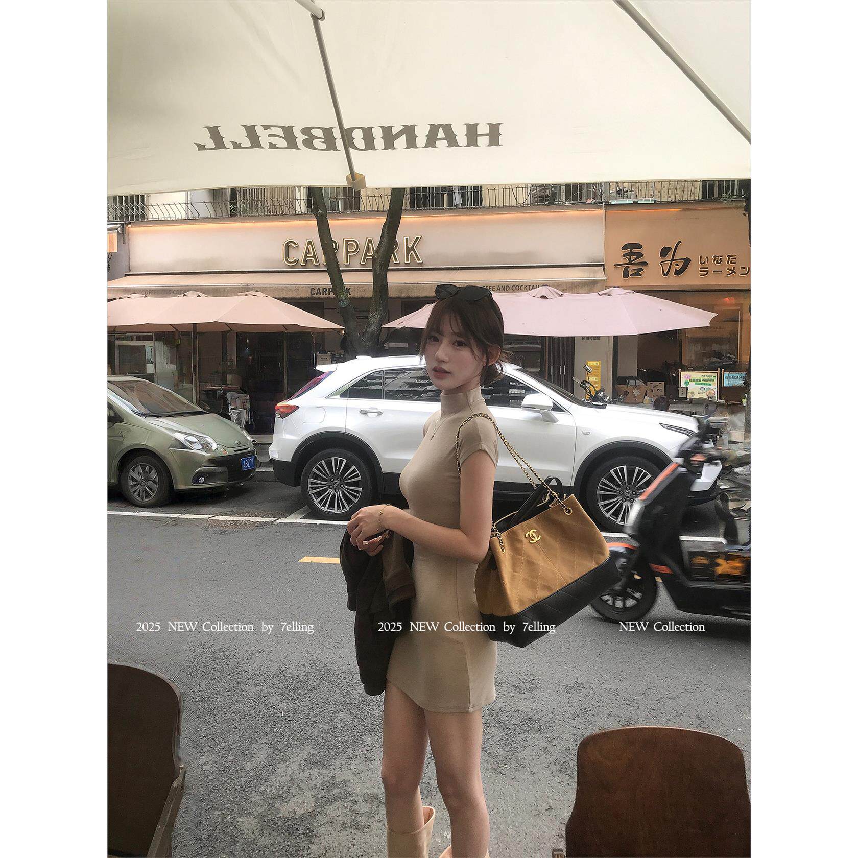 7elling杏色半高领修身巨好看的早秋连衣裙女韩系穿搭辣妹短裙子