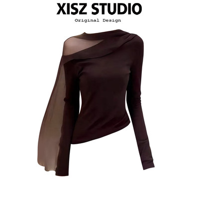 复古美拉德斜领露肩网纱