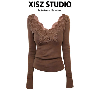 温柔气质蕾丝拼接深v领长