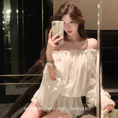 法式白色一字肩长袖雪纺