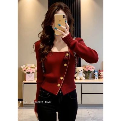 法式方领红色毛衣女秋冬