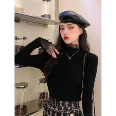 黑色小香风蕾丝半高领针