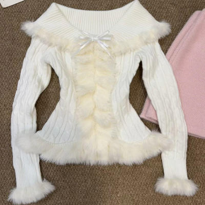 白色毛领连帽麻花长袖针