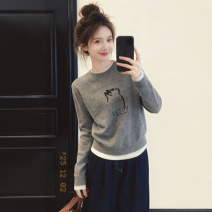 灰色圆领假两件长袖针织衫毛衣女款2026新款巨好看的春装内搭上衣