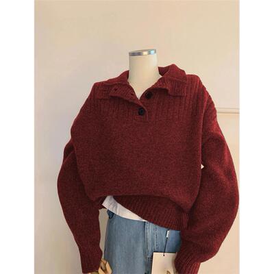 新年红色翻领毛衣女秋冬