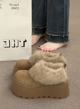 7CM厚底勃肯毛毛鞋女冬2025新款加绒保暖包头棉鞋显瘦增高雪地靴