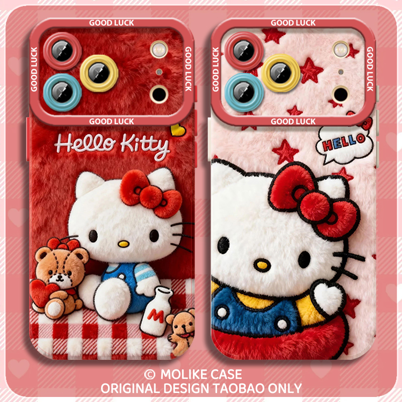 毛绒kt猫适用苹果17手机壳iPhone16promax凯蒂猫15新款14硅胶13mini卡通12可爱11创意x防摔xr保护xs套8/7/air