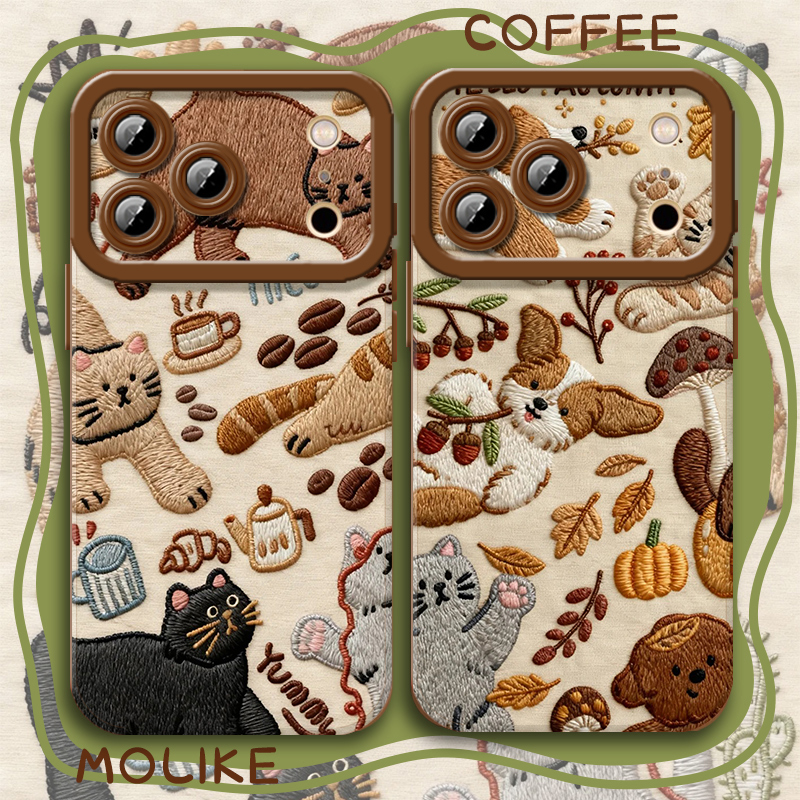 咖啡小猫适用苹果17手机壳iPhone16promax情侣15新款14小狗13mini猫咪12小众11高级x可爱xr卡通xs女8男7外air