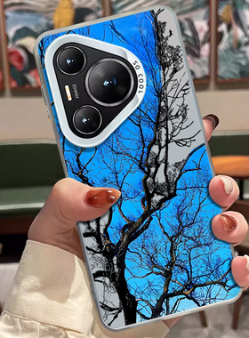 适用华为pura80手机壳mate70pro蓝天枯树nova14蓝色13新款7荣耀400镭射300男士40防摔x60个性50创意magic5套6