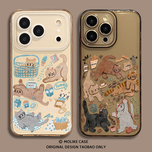 咖啡食物猫咪适用苹果17手机壳iPhone17promax情侣16新款15可爱12复古风13mini卡通14男女x透明xr/xs/8/7/air