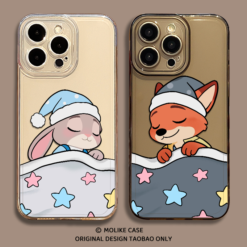 睡觉尼克朱迪适用苹果17手机壳iPhone16promax情侣15新款14疯狂动物城13mini兔子12卡通11狐狸x男女xr/xs/8/7