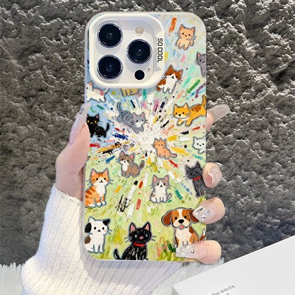 油画猫狗适用苹果17手机壳iPhone16promax情侣15新款14镂空13本命年12可爱11高级感x卡通xr外xs保护8套7/mini