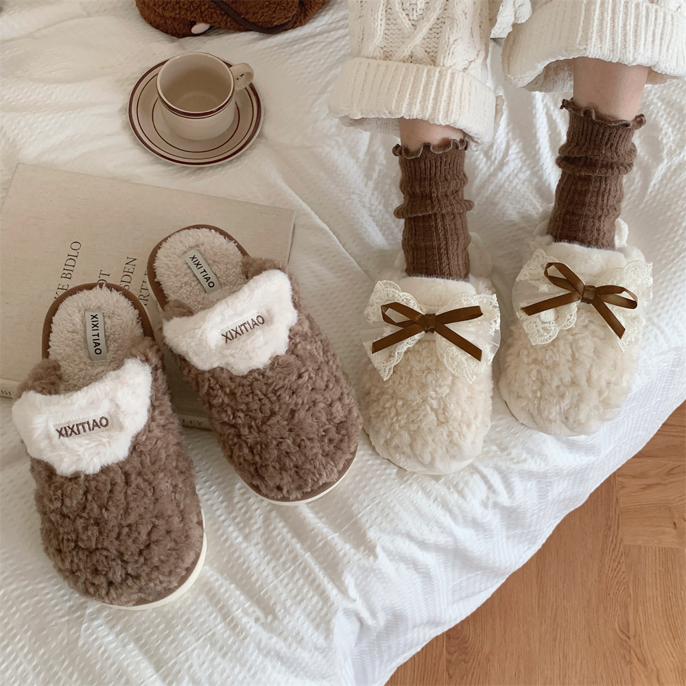 少女心蝴蝶结室内保暖毛绒棉拖鞋