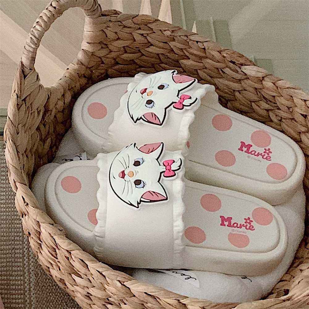 新款创意网红花边迪士尼玛丽猫拖鞋女夏季休闲居家软底浴室凉拖鞋