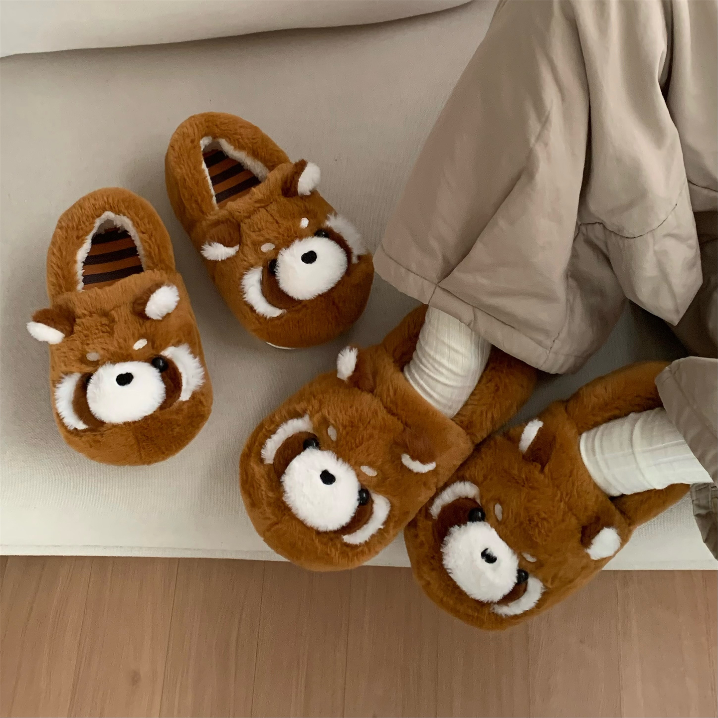 居家防滑可爱小浣熊情侣棉拖鞋