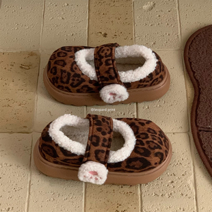 舒适女士可爱猫爪豆豆鞋 高级感豹纹魔术贴玛丽珍ins棉鞋 防滑冬季