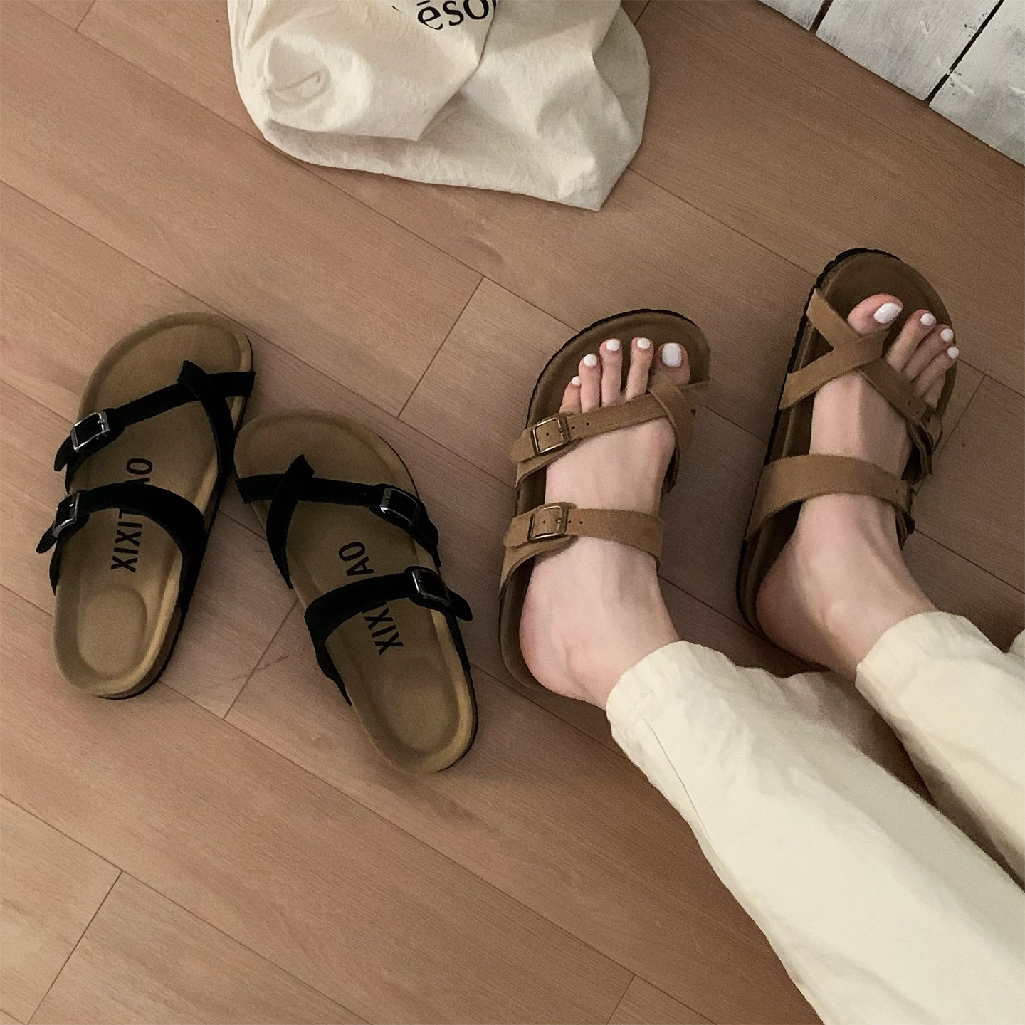 方扣交叉带新款学生夹趾拖鞋防滑外穿时尚磨砂牛皮软木勃肯鞋女夏,女鞋,勃肯鞋/软木鞋,淘宝优惠券,粉丝福利购,淘宝优惠卷