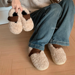平底防滑休闲亲子冬天外穿百搭毛毛单鞋女创意魔术贴复古拼色棉鞋