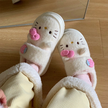 休闲冬季可爱魔术贴女士厚底棉鞋正版HelloKitty猫防滑加绒面包鞋