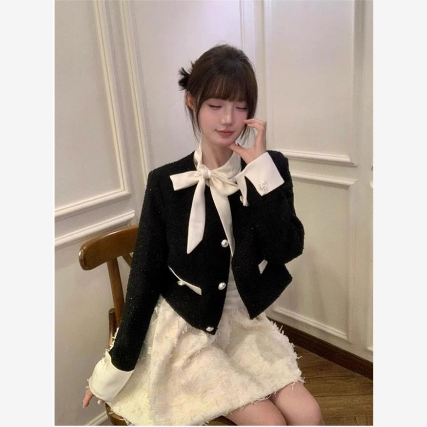 富家千金两件套装短裙小香风细闪短外套高级感挂脖连衣裙女春秋冬